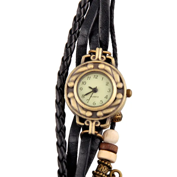 Women Leather Vintage Watch Leaf Pendant Bracelet Wristwatches Retro Vintage Leaf Pendant Weave Wrap Quartz Watch Best Gift 1806011