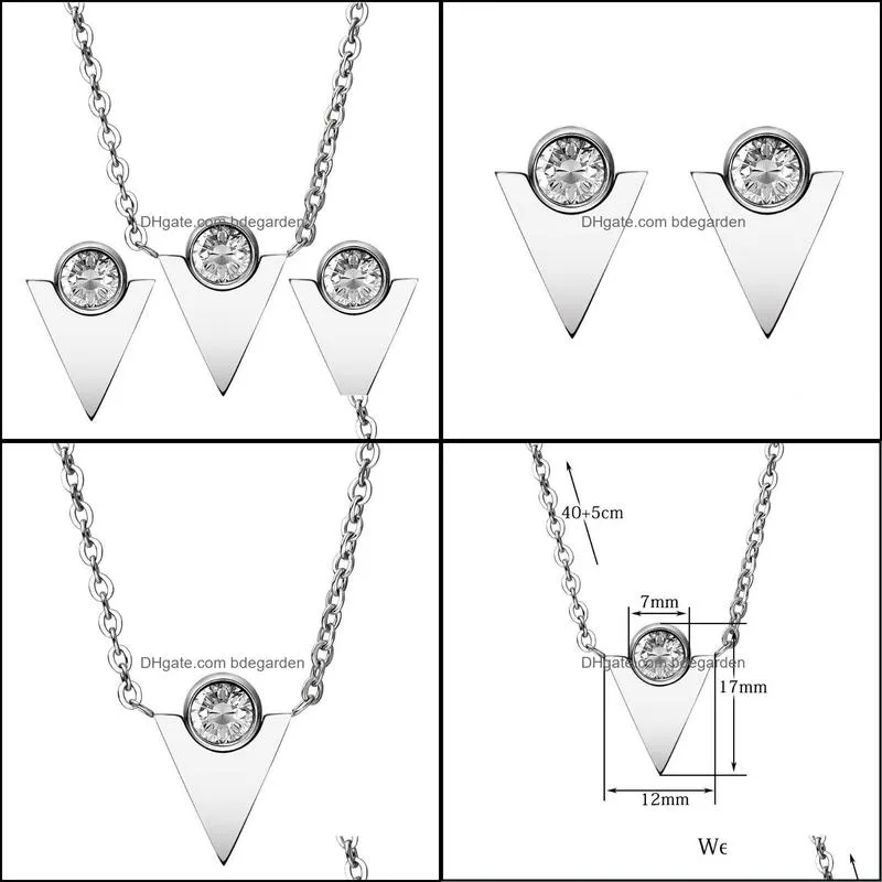 Earrings & Necklace Fashion Stainless Steel Triangle Cubic Zirconia White CZ Jewelry Sets For Wedding Earrings&Pendant With Women