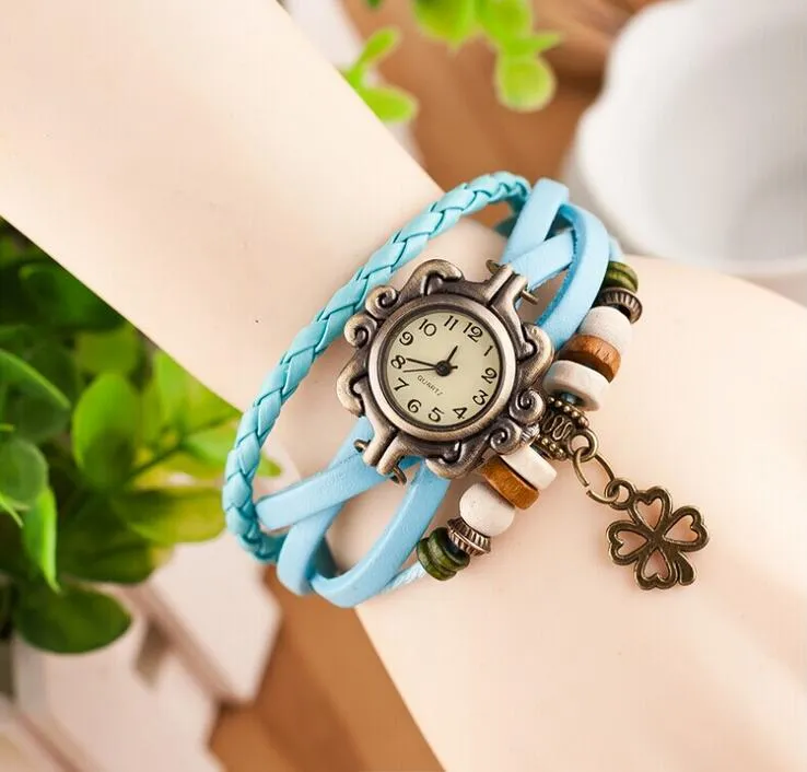 hot sale Leather Hand Knit Vintage Watches Dress bracelet Women Girls Ladies clover Pendant Retro