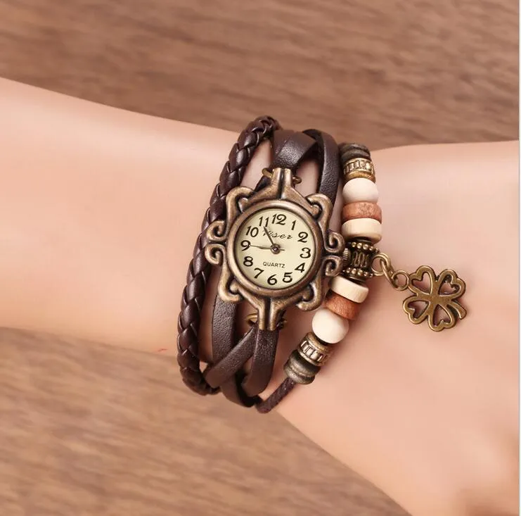 hot sale Leather Hand Knit Vintage Watches Dress bracelet Women Girls Ladies clover Pendant Retro