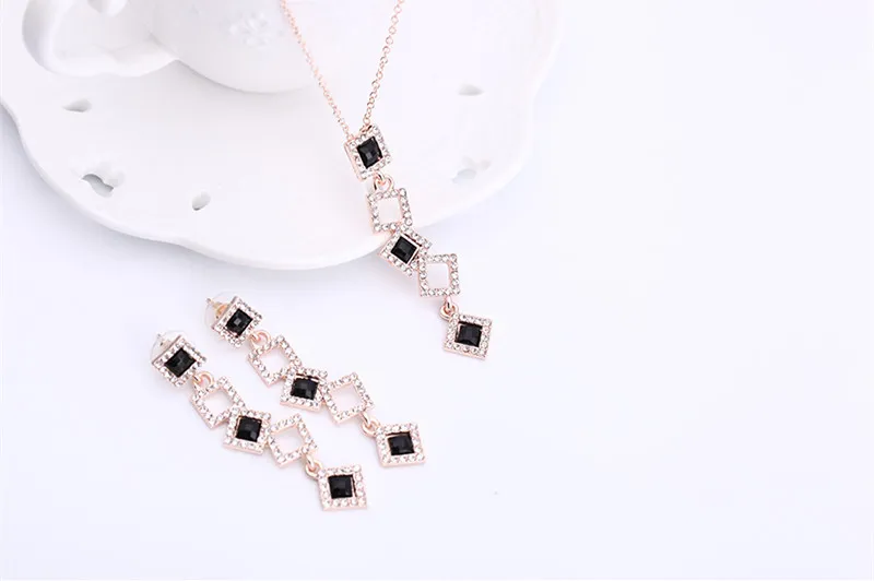 Earrings Necklace Jewelry Set Luxury High Grade Exquisite Rhinestone 18K Gold Plated Geometric Squares Party Jewelry 2-Piece Set JS274