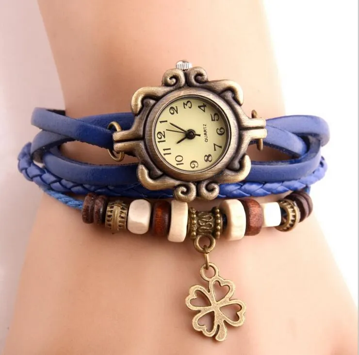 hot sale Leather Hand Knit Vintage Watches Dress bracelet Women Girls Ladies clover Pendant Retro