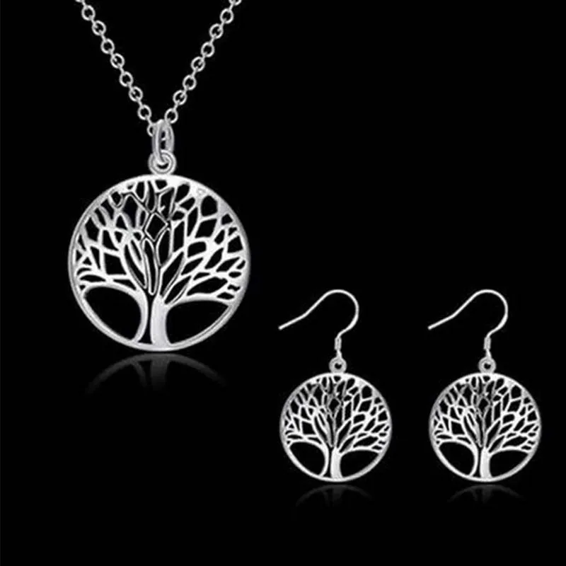 Wholesale 925 Silver Plated living Tree of life Pendant Necklace Fit 18inch O Chain or earrings Bracelet Ring for Women Girl Jewery Set