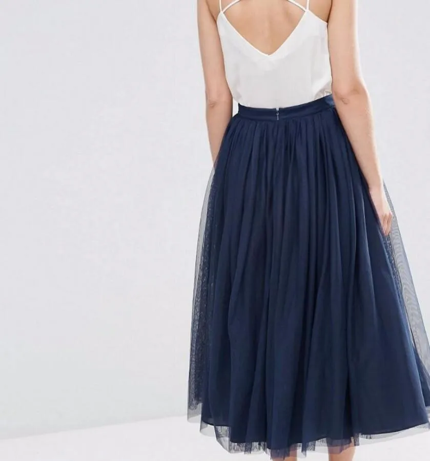 Fashion Navy Blue Long Skirt Zipper Waistline Length Skirt Personalized Layers Smooth Tulle Skirts Women Casual Style