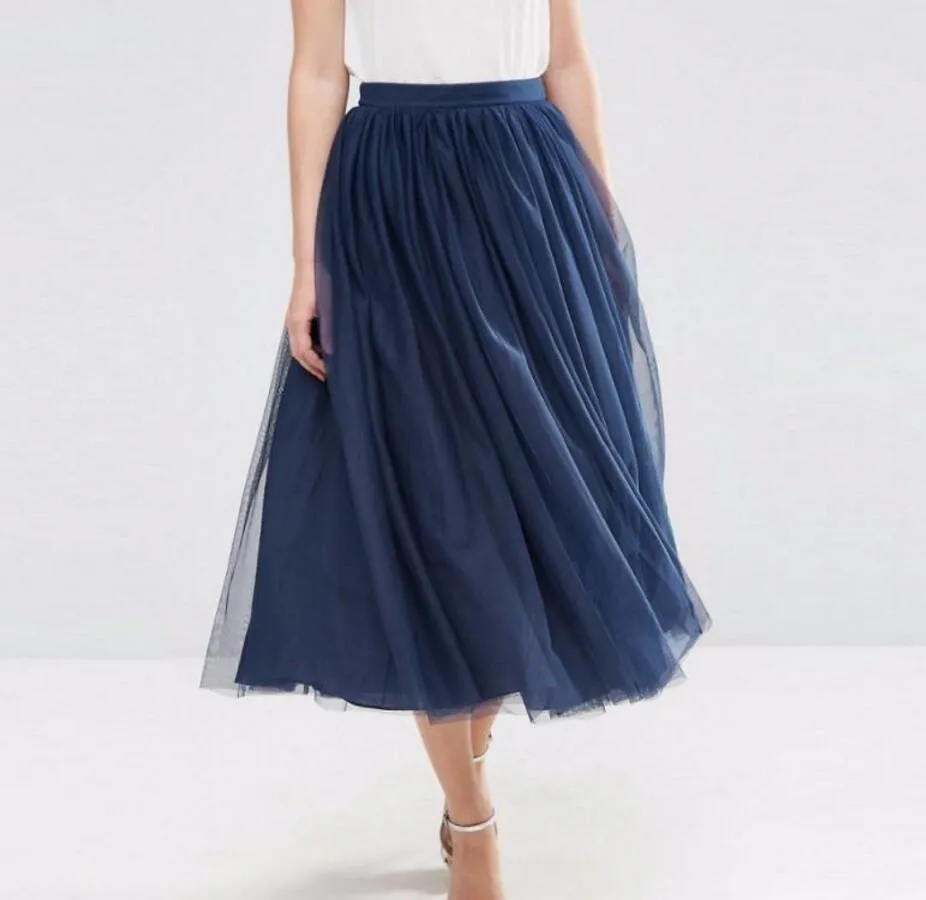 Fashion Navy Blue Long Skirt Zipper Waistline Length Skirt Personalized Layers Smooth Tulle Skirts Women Casual Style