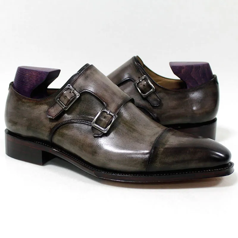 Men Dress shoes Monk buckle Strap Oxfords Custom Handmade shoes Square toe Genuine calf leather Color patina Grey HD-N192