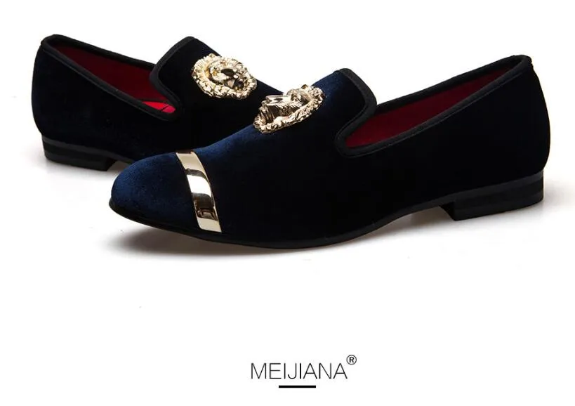 Fashion Gold Top and Metal Toe Men Velvet Dress shoes italian mens dress shoes Handmade Loafers Big size39-46