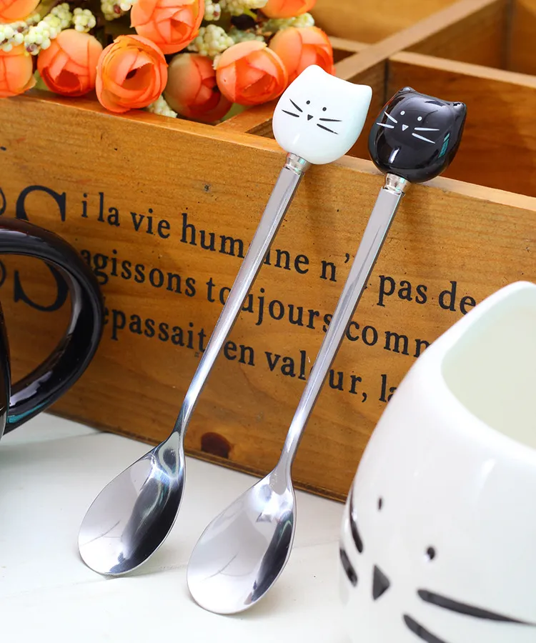 Unique Cartoon Black White Cat Stainless Steel Kitten Ceramic Spoons Flatware Kitchen Tool Cup Creative Decoration