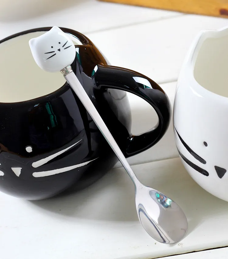 Unique Cartoon Black White Cat Stainless Steel Kitten Ceramic Spoons Flatware Kitchen Tool Cup Creative Decoration