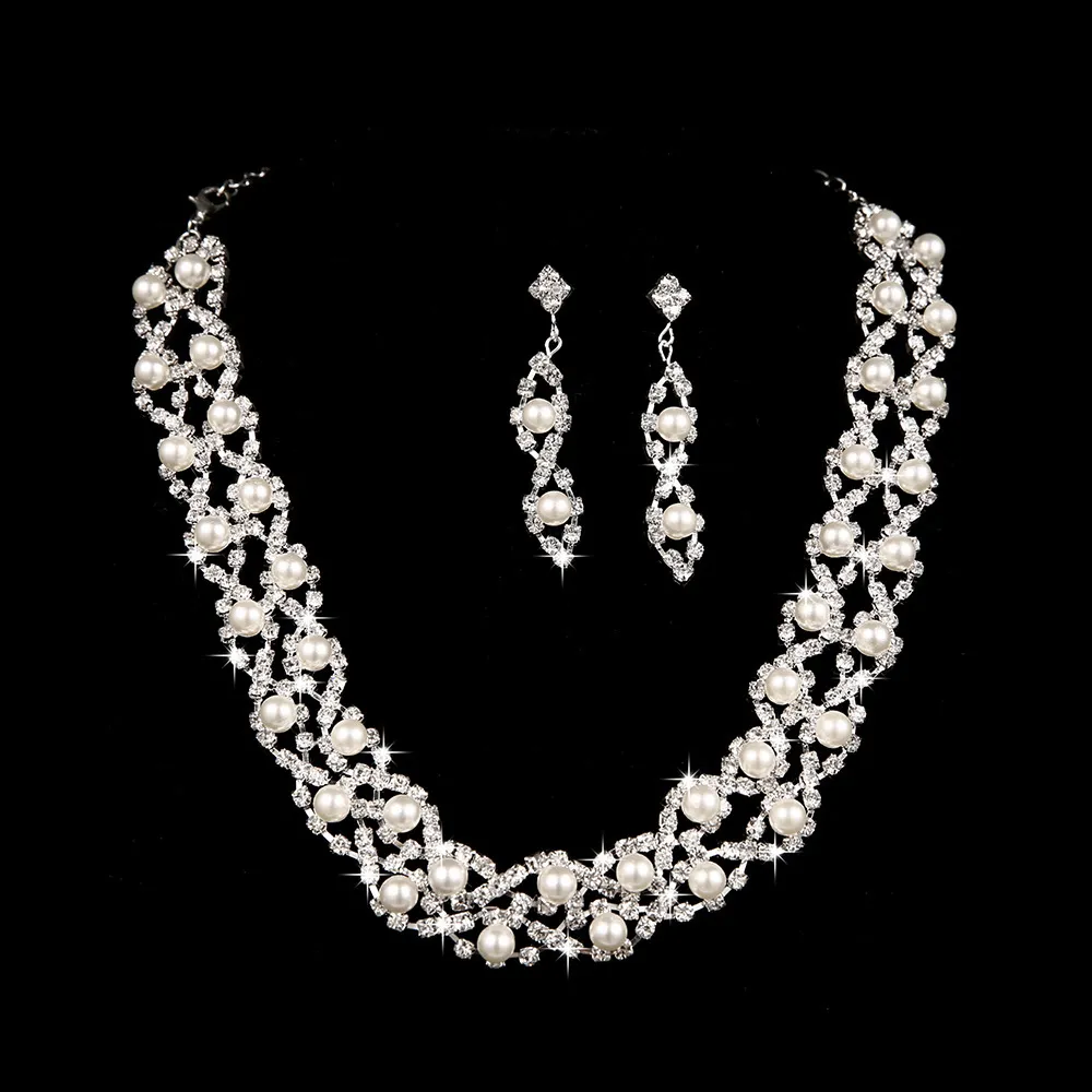 Imitation pearls Bridal Jewelry sets for Women Silver Color Rhinestone Necklace earring Sets Wedding Jewelry