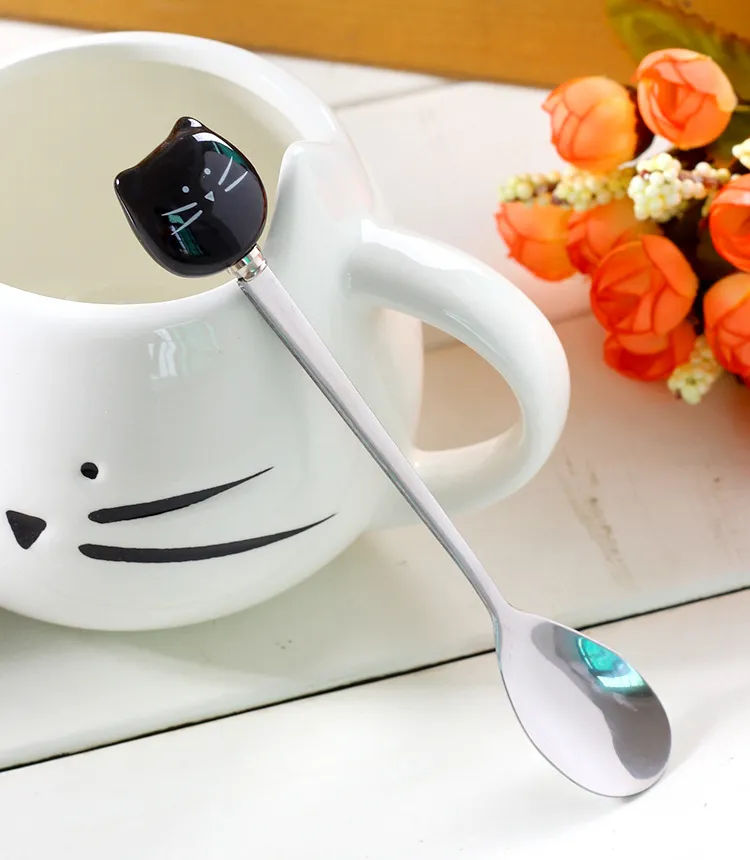 Unique Cartoon Black White Cat Stainless Steel Kitten Ceramic Spoons Flatware Kitchen Tool Cup Creative Decoration