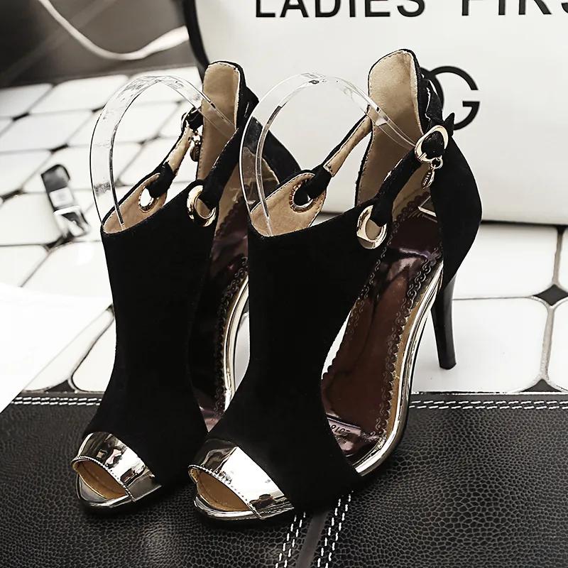 2018 Summer Fashion High Quality Stiletto Suede Buckled Heels Peep-toe Women`s Party Formal Dress Sandals Shoes