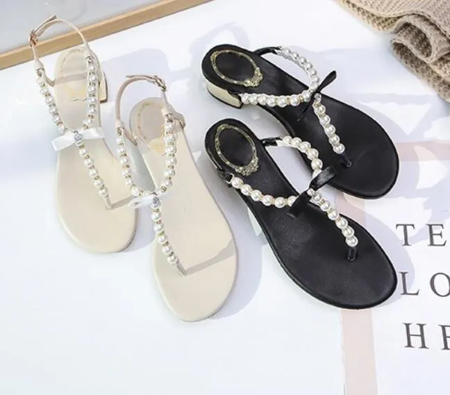 Women Sandals Top quality Boutique Travel Simple Luxury Diamond bow pearl Fashion Brand Flat Beach Sexy ladies OL casual sandals