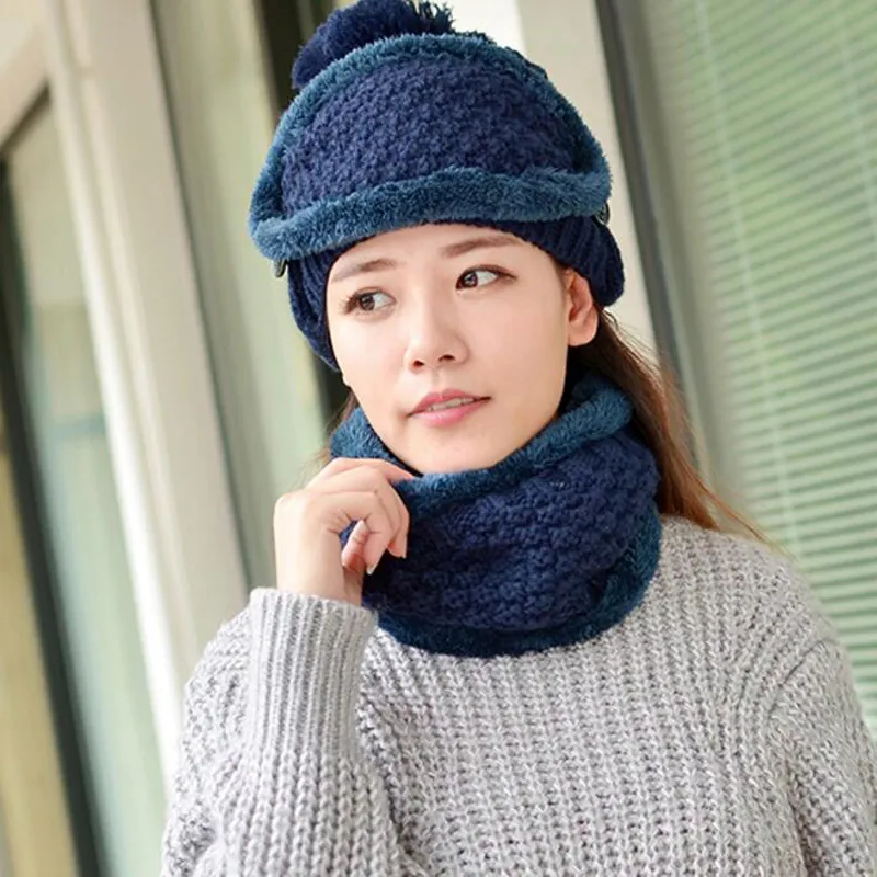 Warm Hats Cap Scarf Winter Super Warmth Beanie Knitting for Women Caps with Mask Lady Beanie Knitted Hats Collar