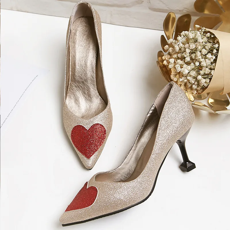 Cheap and High Quality Supplier Glitter Heart Shaped Pointed-toe High Heels Slip-on Pumps Women`s Dress Shoes