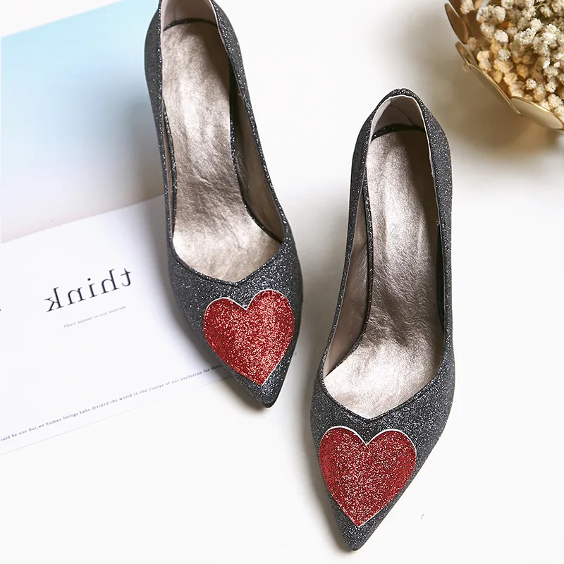 Cheap and High Quality Supplier Glitter Heart Shaped Pointed-toe High Heels Slip-on Pumps Women`s Dress Shoes