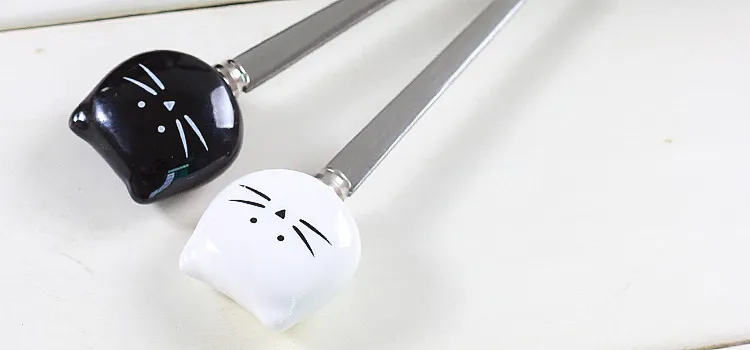 Unique Cartoon Black White Cat Stainless Steel Kitten Ceramic Spoons Flatware Kitchen Tool Cup Creative Decoration