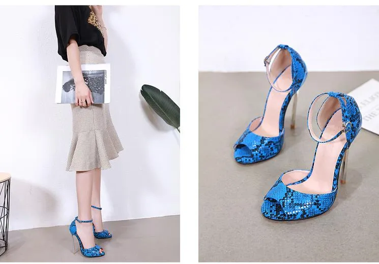 Fashion designer shoes snake grain printed pointed toe ankle strap high heels size 34 to 40 Come With Box