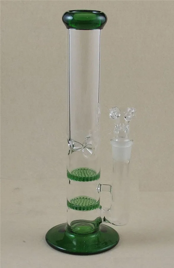 Newest glass water bong pipe two perc water percolator smoking clear green blue colour pipe disk joint size:18.8mm height: 25cm