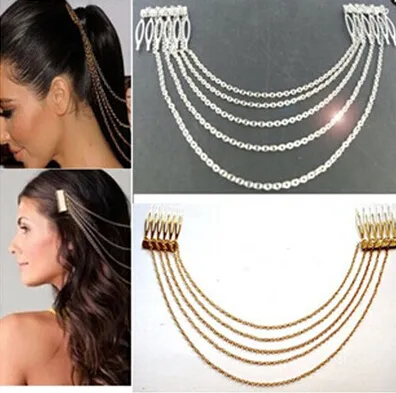 2015 WEDDING HAIR ACCESSORIES VINTAGE GOLD/SILVER CHAINS FRINGE TASSEL HAIR COMB CUFF WOMEN HEAD CLIPS HAIRBAND 