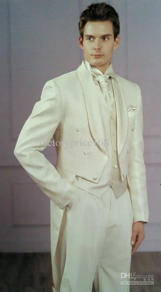 En Kaliteli Beyaz Şal Yaka Yeni Kruvaze Damat Tailcoat Düğün erkek Takım Elbise Damat Suits (Ceket + Pantolon + Kravat + Yelek) 03