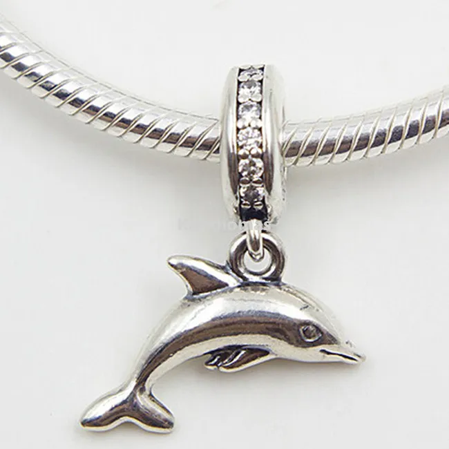 100% 925 Sterling Silver Playful Dolphin Dangle Charm Bead with Cz Fits European Pandora Style Jewelry Bracelets Necklaces & Pendants