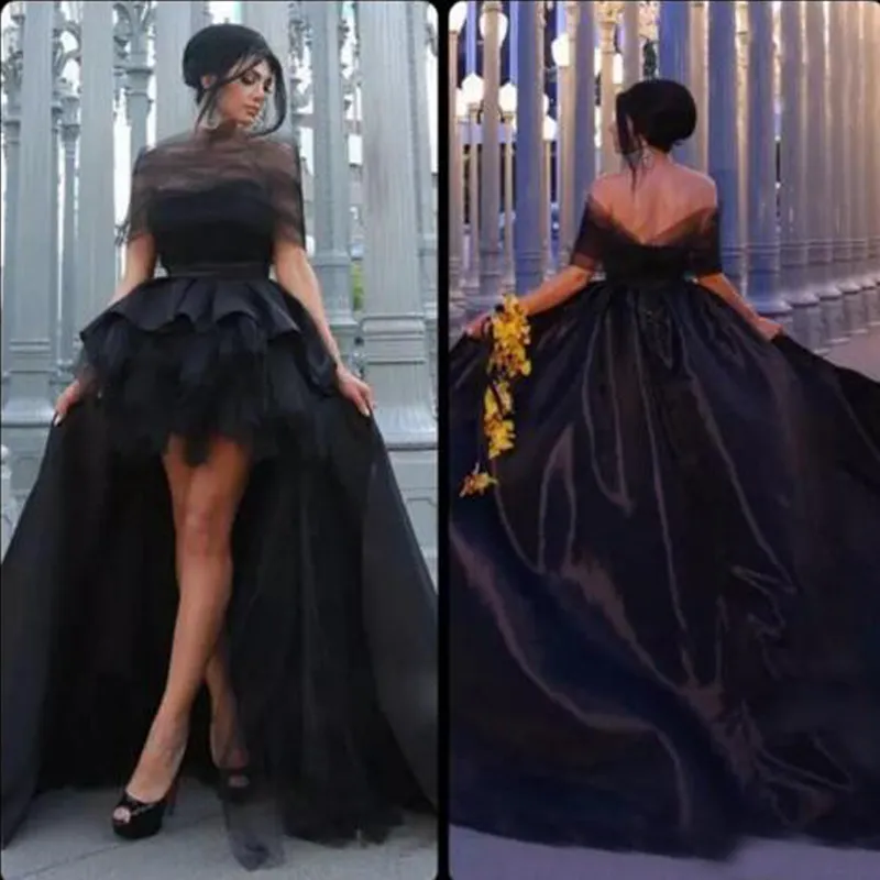 Arabe noir haut bas robe de bal sans bretelles Tulle Wrap Design dos ouvert salut bas robes de soirée court avant Long dos