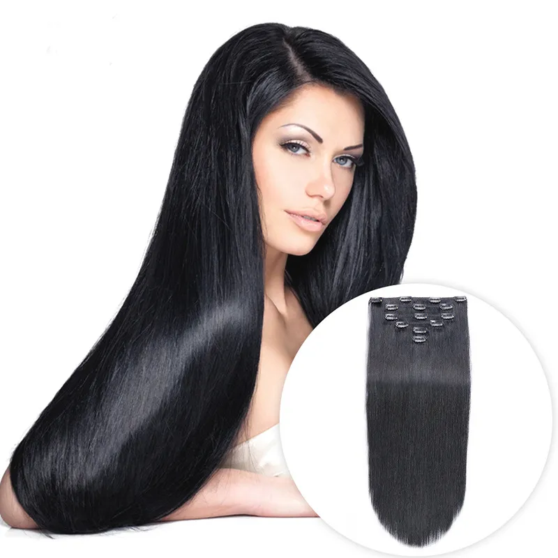 1 Jet Black Clip In Human Hair Extensions 100g Straight Remy Clip In