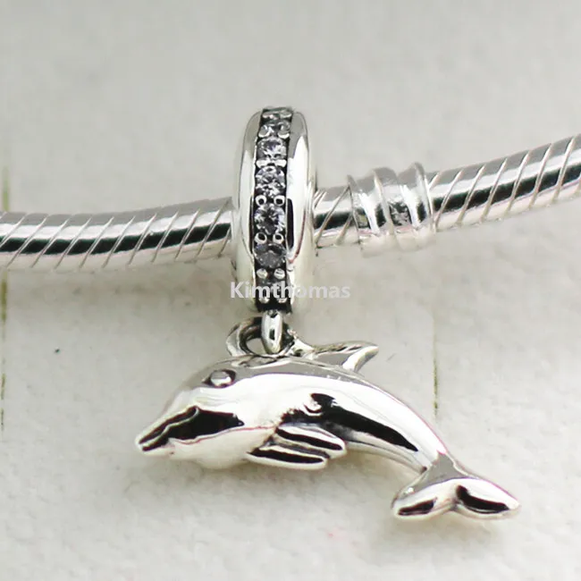 100% 925 Sterling Silver Playful Dolphin Dangle Charm Pead With CZ Passar European Pandora Style Smycken Armband Halsband Hängen