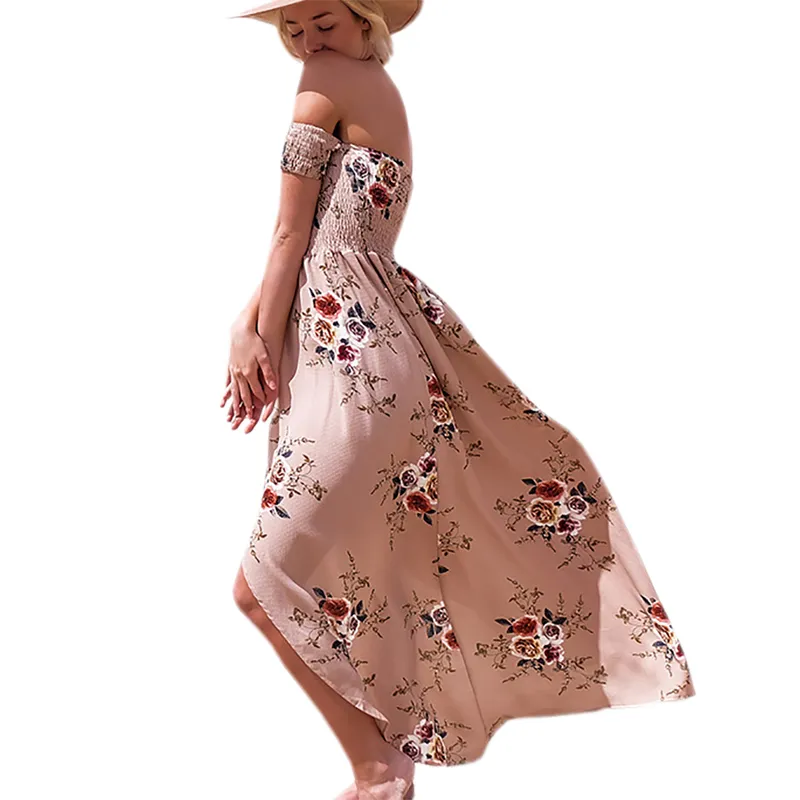 Boho Floral Print Beach Strapless Maxi Dress Casual with Slash Neck and Chiffon Fabric for Women - GV641 Q171122