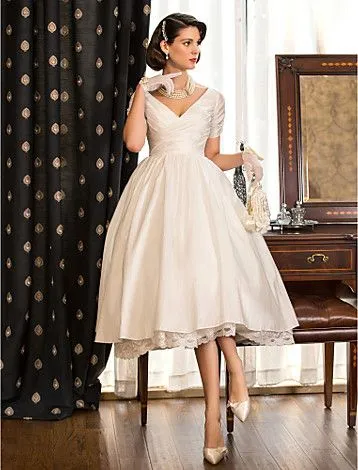 2015 Elegant Tea Length Wedding Dresses V-neck Capped Sleeves Lace Satin Puffy Wedding Gowns Custom Made Short Bridal Gowns