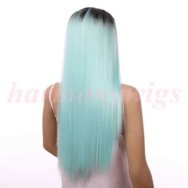 Haarperücken Lace Front Perücken Ombre Schokolade Schwarz Mintgrün 20 Zoll Glattes langes Haar für Frauen