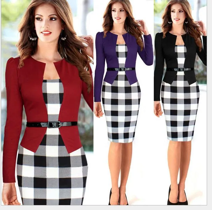 Plaid Two Piece Pencil Dresses For Work With Belt Plus Size, Knee