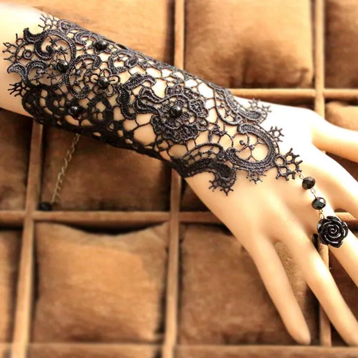 gants de mariage Rétro gothique exagéré les gants de mariée dentelle noire robe de mariée accessoires demoiselle d'honneur studio bijoux bracelet bague BB04