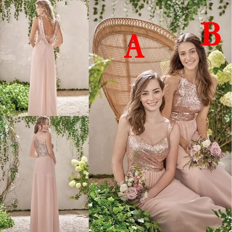 Tanie Różowe Złote Druhna Suknie Linia Spaghetti Backless Cekiny Szyfonowa Tanie Long Beach Wedding Sukienka Sukienka Honor Suknie