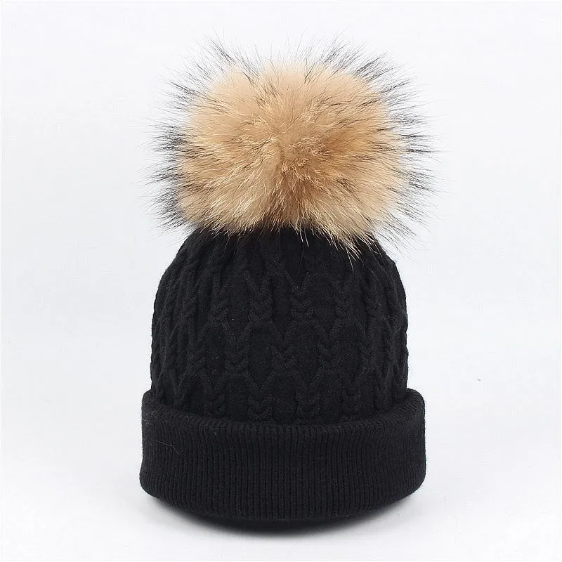 Bambini di alta qualità capelli di coniglio cappello lavorato a maglia bambino pelliccia di procione palla tinta unita arricciacapelli testa cappello caldo protezione dell'orecchio cappelli invernali 1-6T