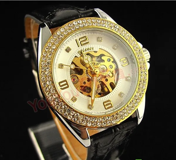 new!Winner Women's Gold Tone Skeleton Automatic Mechanical Rhinestone Case Girls Lady Fashion Jewelry Watches