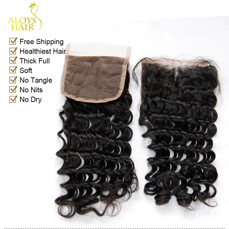 Malaysisk djup vågförslutning Storlek 4x4 Gratis / Mellandel Malaysiska djupa lockiga stängningar Virgin Human Hair Lace Top Closure Bundles Gratis frakt