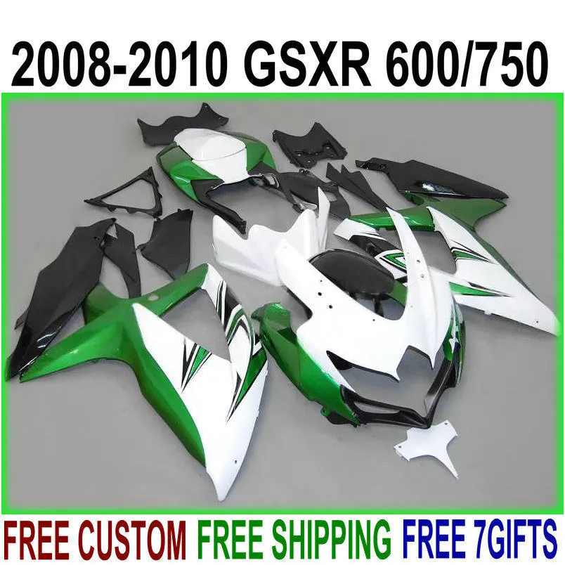 Plastmakare för SUZUKI GSXR750 GSXR600 2008-2010 K8 K9 Vit Svart Gröna Fairings Set GSX-R 600/750 08 09 10 VE21