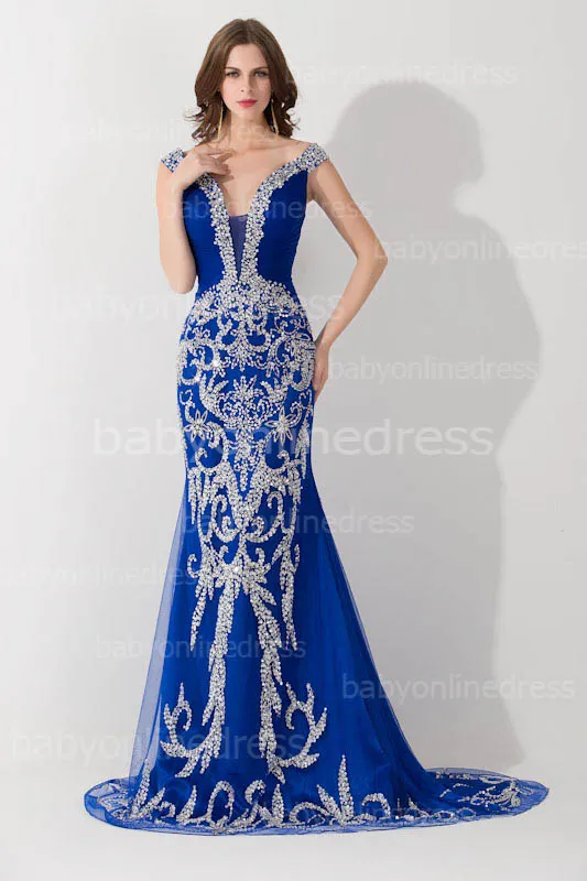 Shede Mermaid Royal Blue Tulle Prom Avondjurk 2015 Off Shoulder Formal Party-jurken met unieke kralen pailletten Elegantnew jurken BZP0436