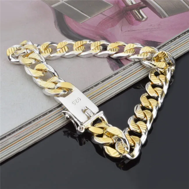 Högkvalitativ 925 Silver Figaro Chain Armband Golden 10mmx20cm Mode Smycken För Män Gratis Frakt