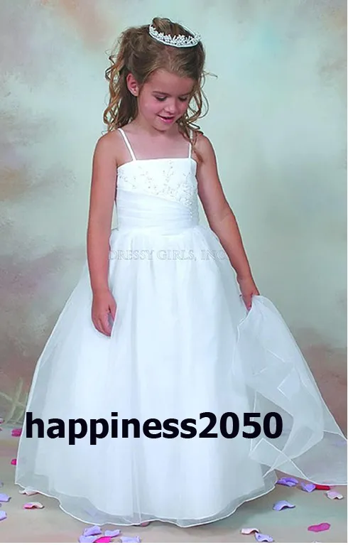 Adorabili cinghie bianche Flower Girl Dress Abiti da spettacolo ragazze Abiti da compleanno / vacanze Abiti personalizzati SZ 2-14 F423012