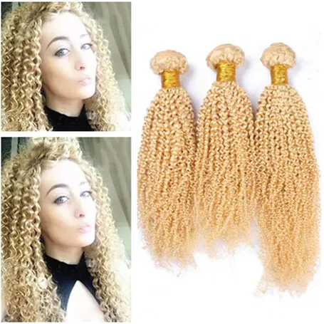 Vierge Brésilienne Blonde Extensions de Cheveux Humains Crépus Bouclés 3 Pcs Pur # 613 Doré Blonde Bundles de Tissage de Cheveux Humains 10-30" Double Trames