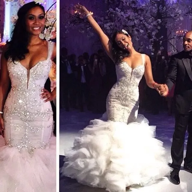 Stunning 2015 Layered Mermaid Wedding Dress With Spaghetti Straps Flouncing Ruffles Beaded Crystals And Bodycon Silhouette Arabic Bridal Gown From Xzy1984316 339.2 DHgate.Com