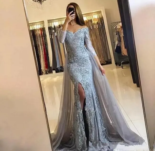 2019 silver Prom Dresses with Long Sleeves Over skirts lace appliques Mermaid Evening Dresses Split Side Party Dress