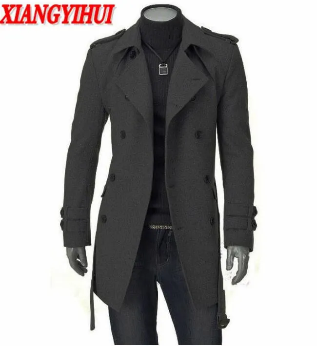 All'ingrosso- Trench lungo da uomo Soprabito Giacca invernale da uomo 2017 Giacca a vento Trench di lana nero solido Uomo Lana Costume stile inglese