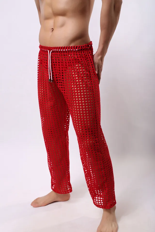 Sexiga herrbyxor Sleepwear Se genom Big Mesh Lounge Pyjamas Bottoms Loose Trousers Low Rise Male Sexy Wear30a