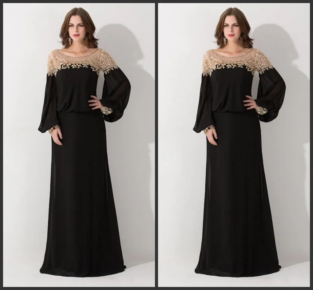 2020 Ny varm försäljning Svart lös Scoop Neck Dubai Kaftan Evening Dresses Långärmad Sequined Chiffon Formal Party Gowns Vestido de Festa 144