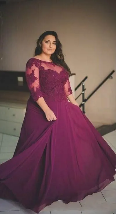 Hot Sale Plus Size Mutter der Braut Kleider elegante lila lange Ärmel Spitzen Mutter der Braut Chiffon Lange Hochzeits Gastkleider