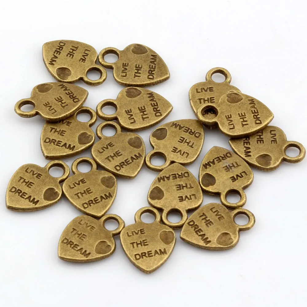 Mini Heart "Live The Dream" Charms Pendants For Jewelry Making Bracelet Necklace DIY Accessories 9x12.5 mm Antique Bronze 